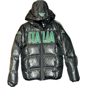Kappa Italia Puffer Jacket Mens Small Black Green Hooded Full Zip Quilted Coat